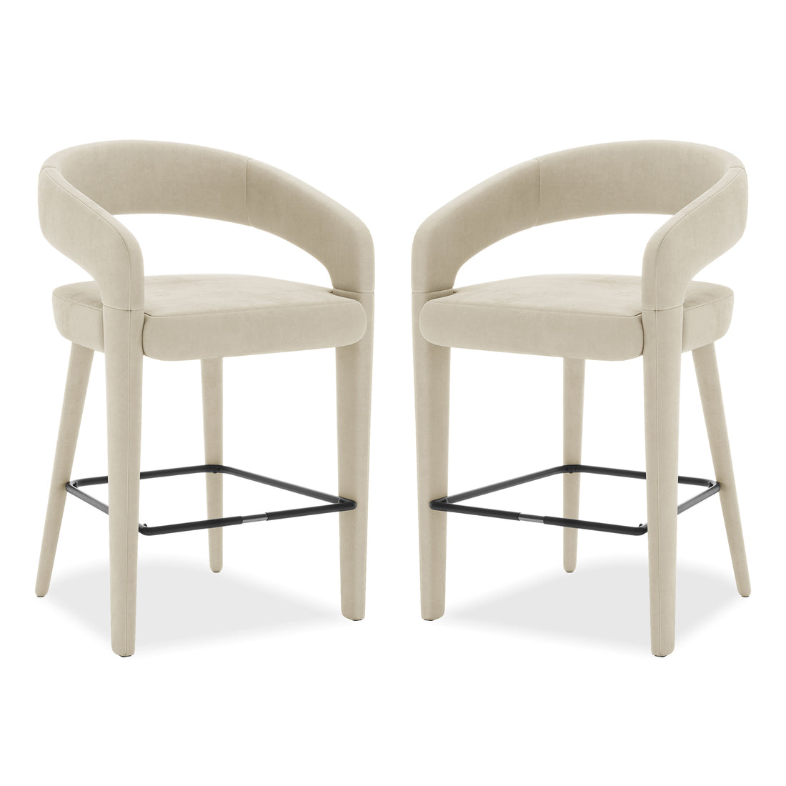 Eisha Velvet Bar Stool Beige Set of 2 features sleek white chairs with black legs, armrests, and a built-in footrest, offering elegant style and comfort for dining or bar areas.