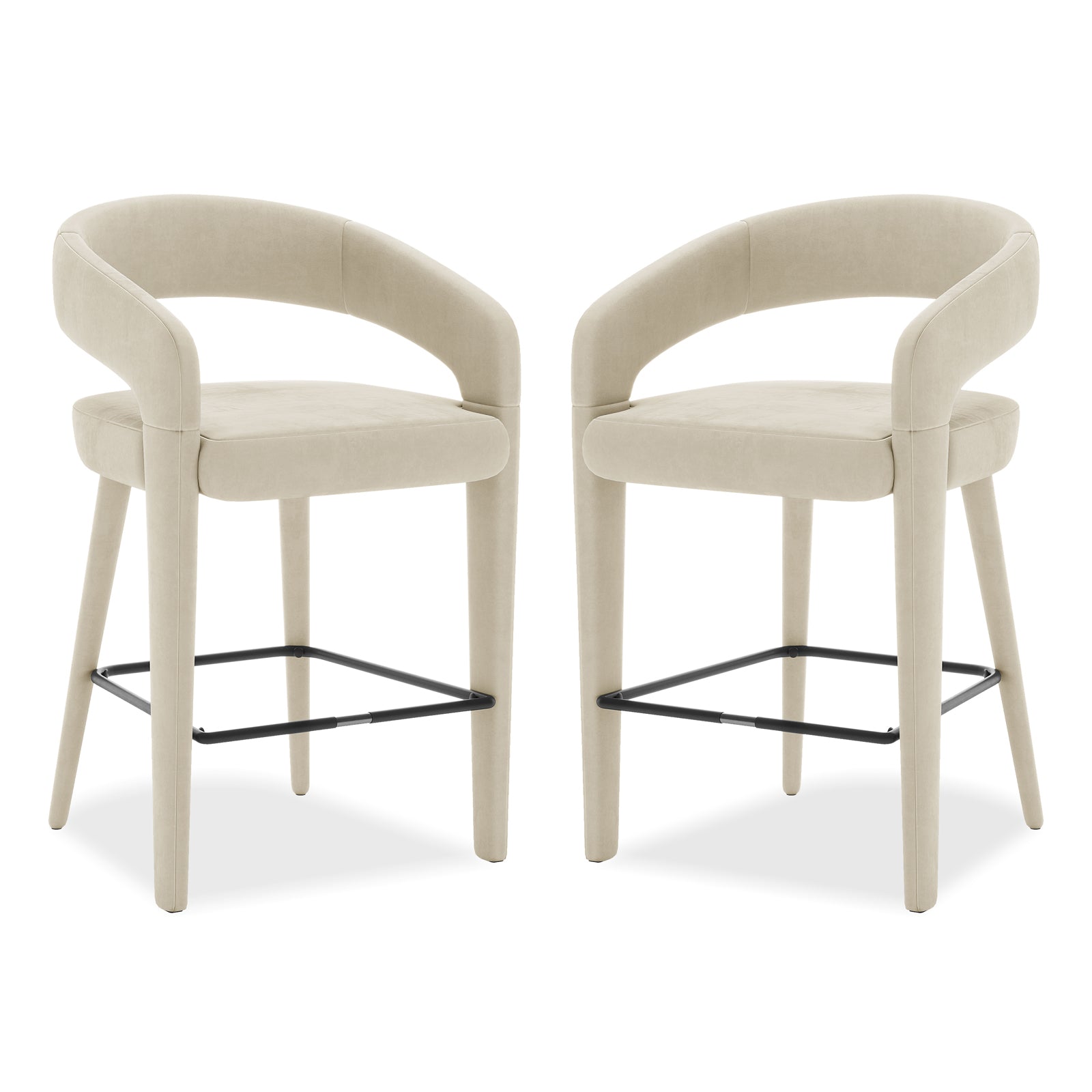 Eisha Velvet Bar Stool Beige Set of 2 features sleek white chairs with black legs, armrests, and a built-in footrest, offering elegant style and comfort for dining or bar areas.