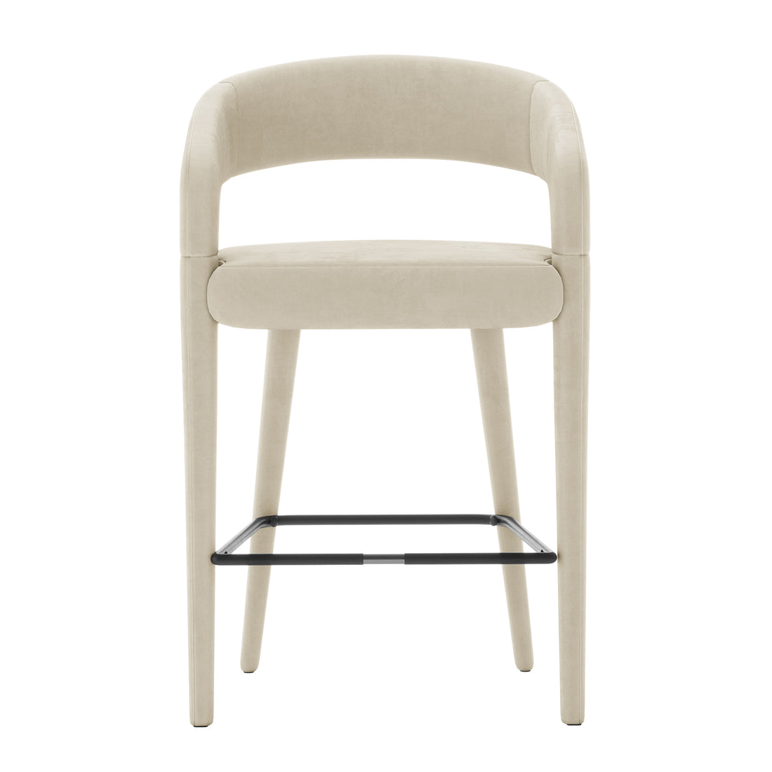 Eisha Velvet Bar Stool Beige Set of 2, featuring plush velvet upholstery, curved back with armrests, and sturdy black metal legs, ideal for modern dining areas or bars.
