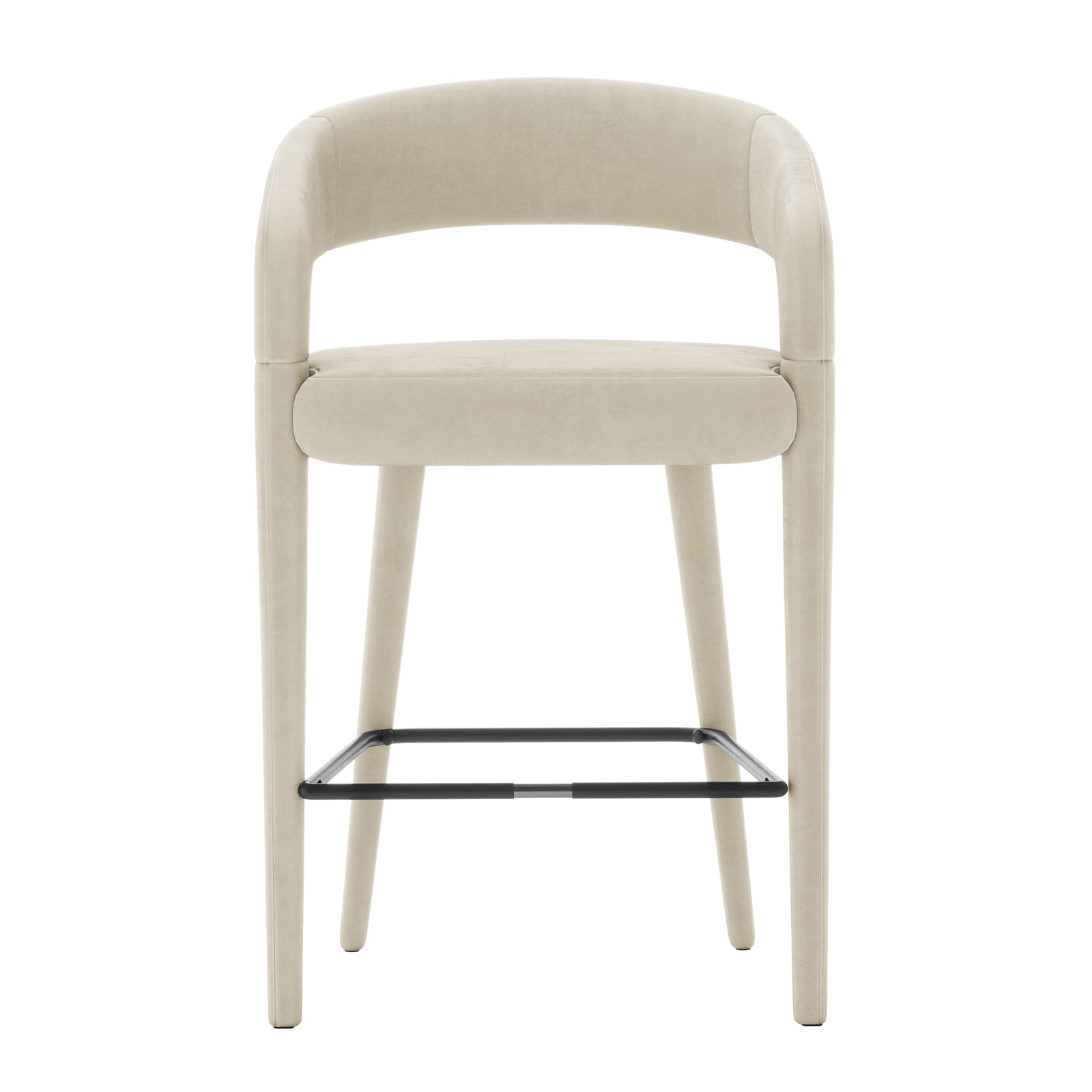 Eisha Velvet Bar Stool Beige Set of 2, featuring plush velvet upholstery, curved back with armrests, and sturdy black metal legs, ideal for modern dining areas or bars.