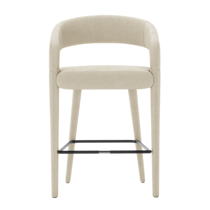Eisha Velvet Bar Stool Beige Set of 2, featuring plush velvet upholstery, curved back with armrests, and sturdy black metal legs, ideal for modern dining areas or bars.