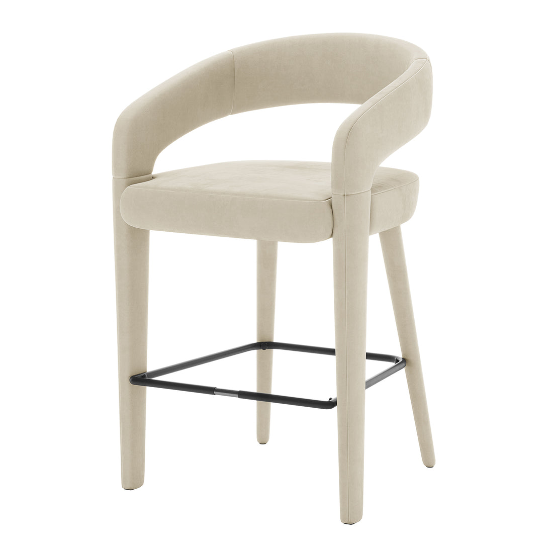 Eisha Velvet Bar Stool Beige Set of 2 featuring a sleek curved back, armrests, and a powder-coated metal frame. Upholstered in luxurious velvet, these stools include a built-in footrest for enhanced comfort.