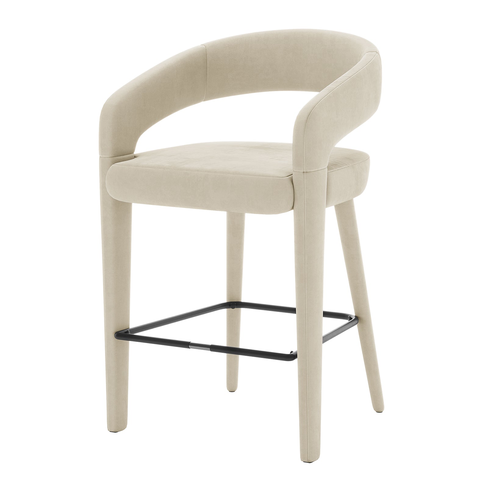 Eisha Velvet Bar Stool Beige Set of 2 featuring a sleek curved back, armrests, and a powder-coated metal frame. Upholstered in luxurious velvet, these stools include a built-in footrest for enhanced comfort.
