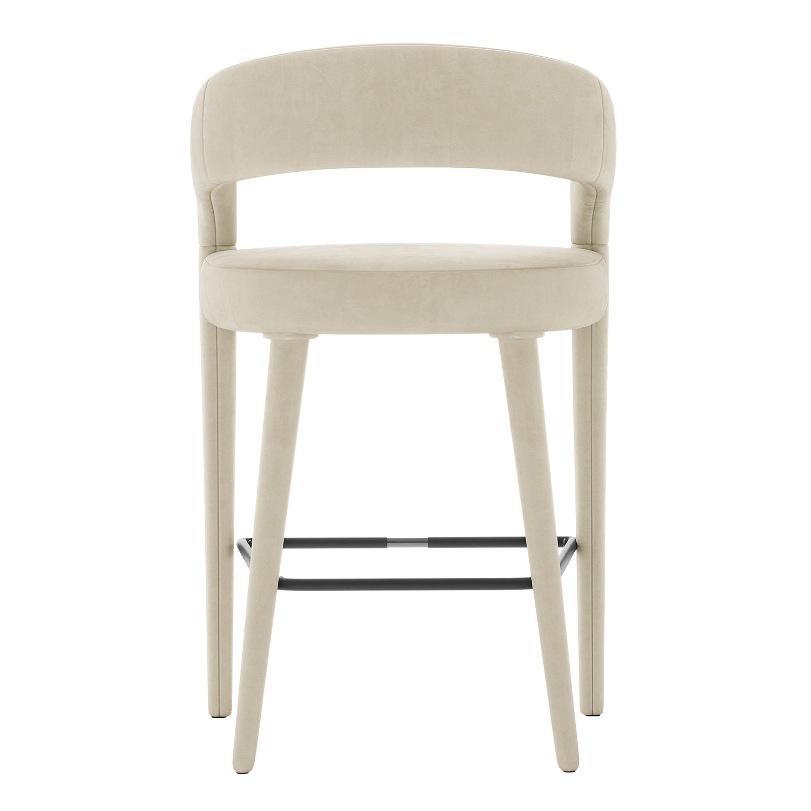 Eisha Velvet Bar Stool Beige Set of 2 featuring a close-up of a white chair with sleek black legs, showcasing its luxurious velvet texture, curved backrest, and sturdy metal frame.