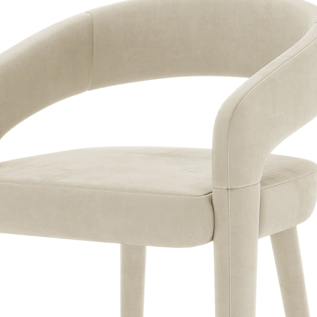 Eisha Velvet Bar Stool Beige Set of 2 features a white chair with a curved back, upholstered in luxurious velvet with foam padding, supported by a sturdy metal frame, and includes armrests and a footrest.