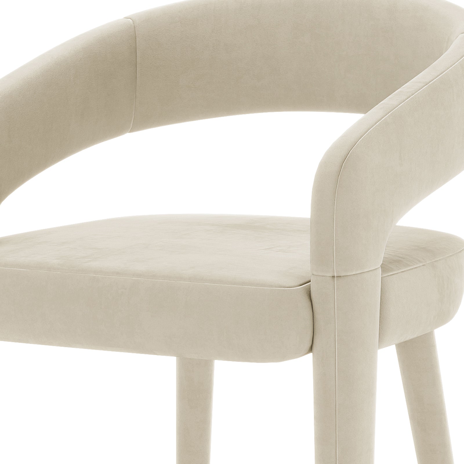 Eisha Velvet Bar Stool Beige Set of 2 features a white chair with a curved back, upholstered in luxurious velvet with foam padding, supported by a sturdy metal frame, and includes armrests and a footrest.