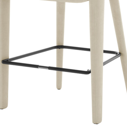 Eisha Velvet Bar Stool Beige Set of 2 shown with luxurious velvet upholstery, soft foam padding, curved backs with armrests, and built-in footrests, highlighting their stylish design and comfort.
