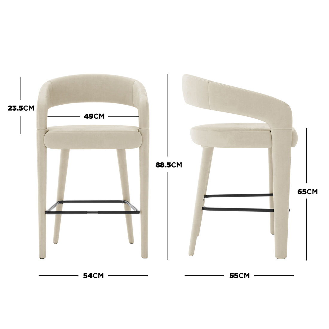 Eisha Velvet Bar Stool Beige Set of 2 featuring a sleek white chair design with black legs and a curved back, perfect for modern interiors, providing style and comfort for dining or bar areas.
