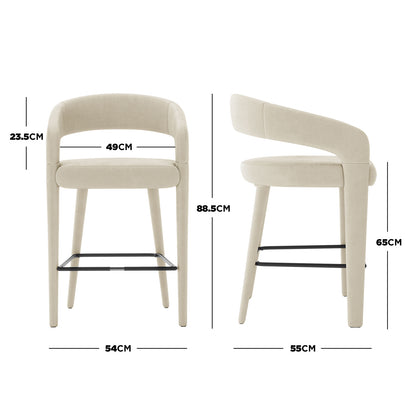 Eisha Velvet Bar Stool Beige Set of 2 featuring a sleek white chair design with black legs and a curved back, perfect for modern interiors, providing style and comfort for dining or bar areas.