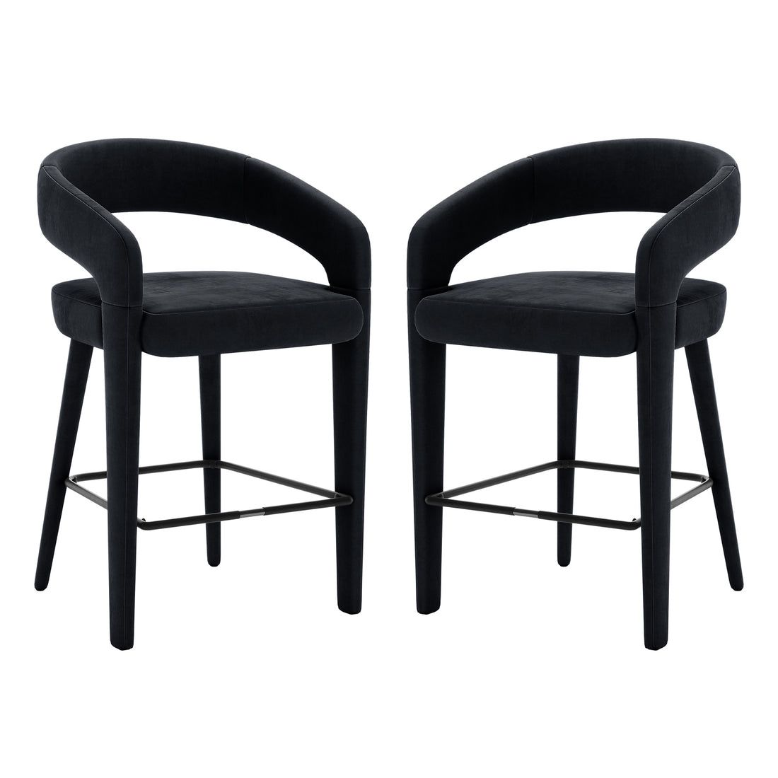 Eisha Velvet Bar Stool Black Set of 2, featuring curved backs with armrests and built-in footrests, upholstered in velvet with thick foam padding on a sturdy metal frame, ideal for modern dining spaces.