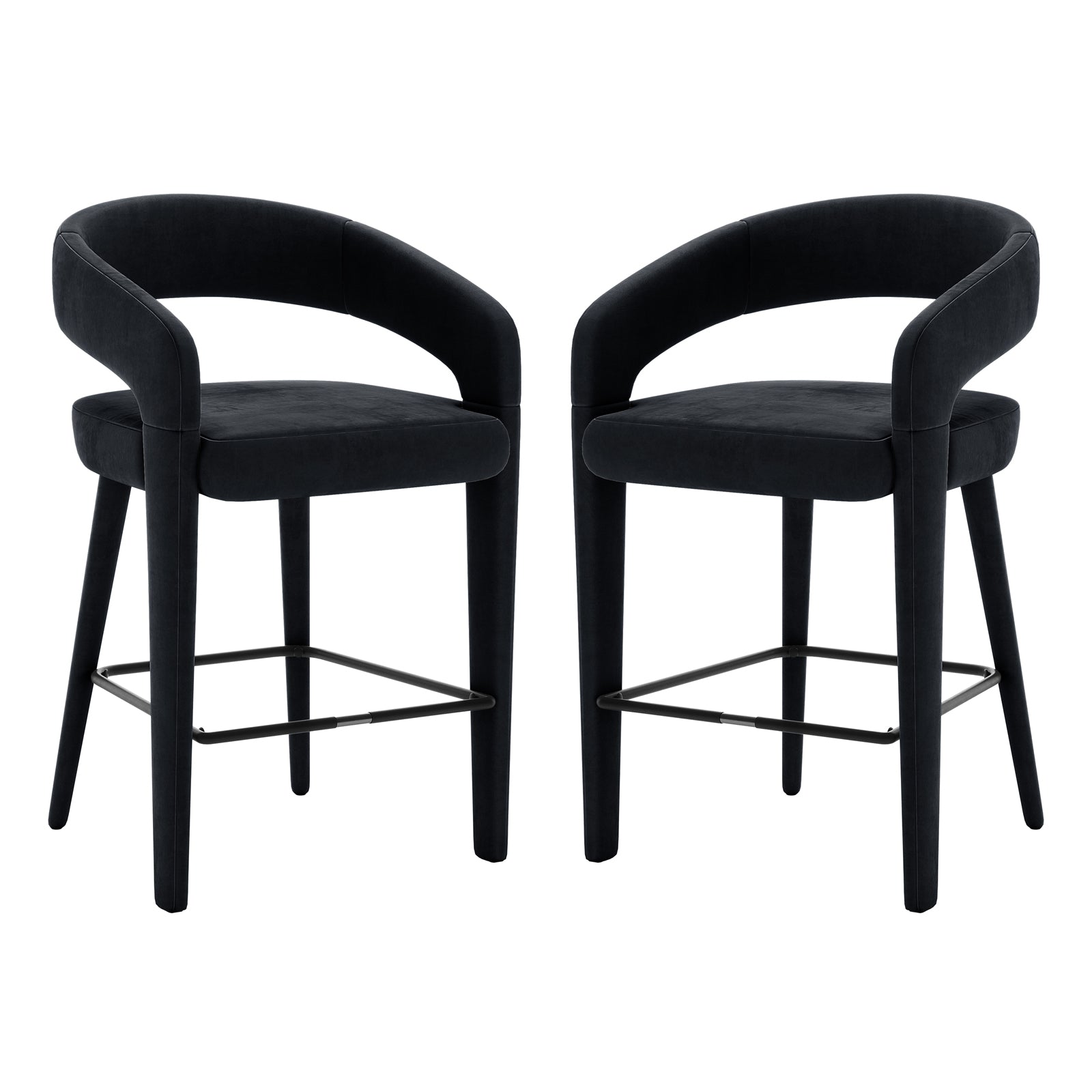 Eisha Velvet Bar Stool Black Set of 2, featuring curved backs with armrests and built-in footrests, upholstered in velvet with thick foam padding on a sturdy metal frame, ideal for modern dining spaces.