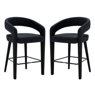 Eisha Velvet Bar Stool Black Set of 2, featuring curved backs with armrests and built-in footrests, upholstered in velvet with thick foam padding on a sturdy metal frame, ideal for modern dining spaces.