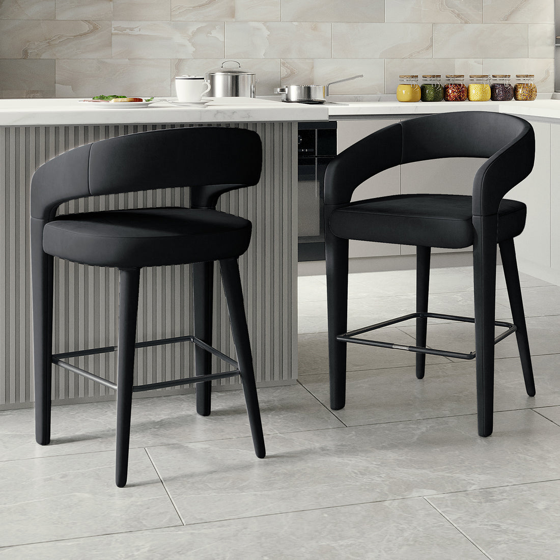 Eisha Velvet Bar Stool Black Set of 2, featuring luxurious velvet upholstery, curved backs with armrests, and built-in footrests, ideal for enhancing dining areas or bars with comfort and style.