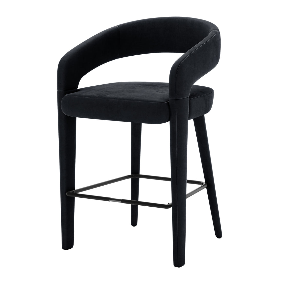 Eisha Velvet Bar Stool Black Set of 2 features a sleek, curved back design with luxurious velvet upholstery and comfortable foam padding, enhancing modern dining or bar areas with style and elegance.
