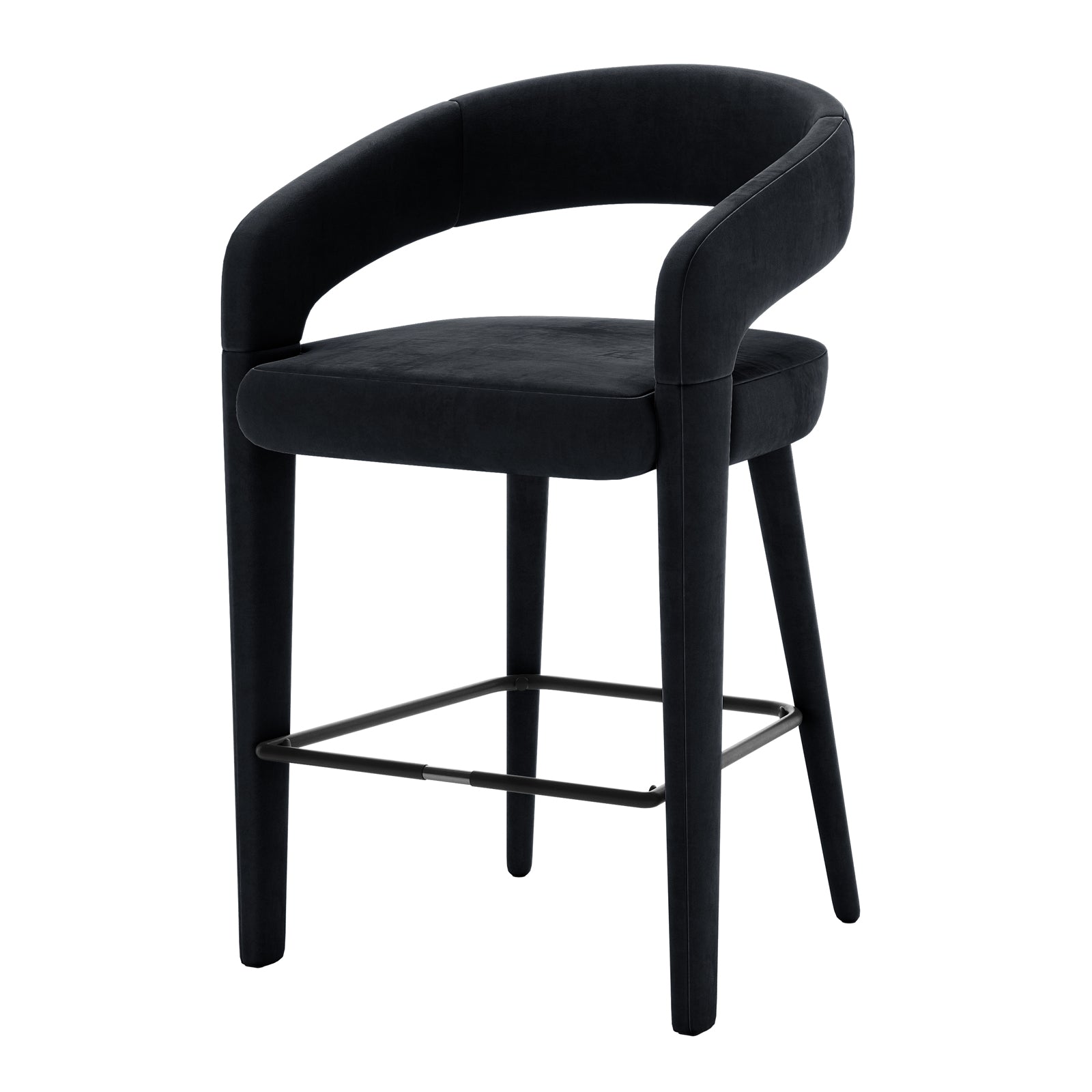 Eisha Velvet Bar Stool Black Set of 2 features a sleek, curved back design with luxurious velvet upholstery and comfortable foam padding, enhancing modern dining or bar areas with style and elegance.