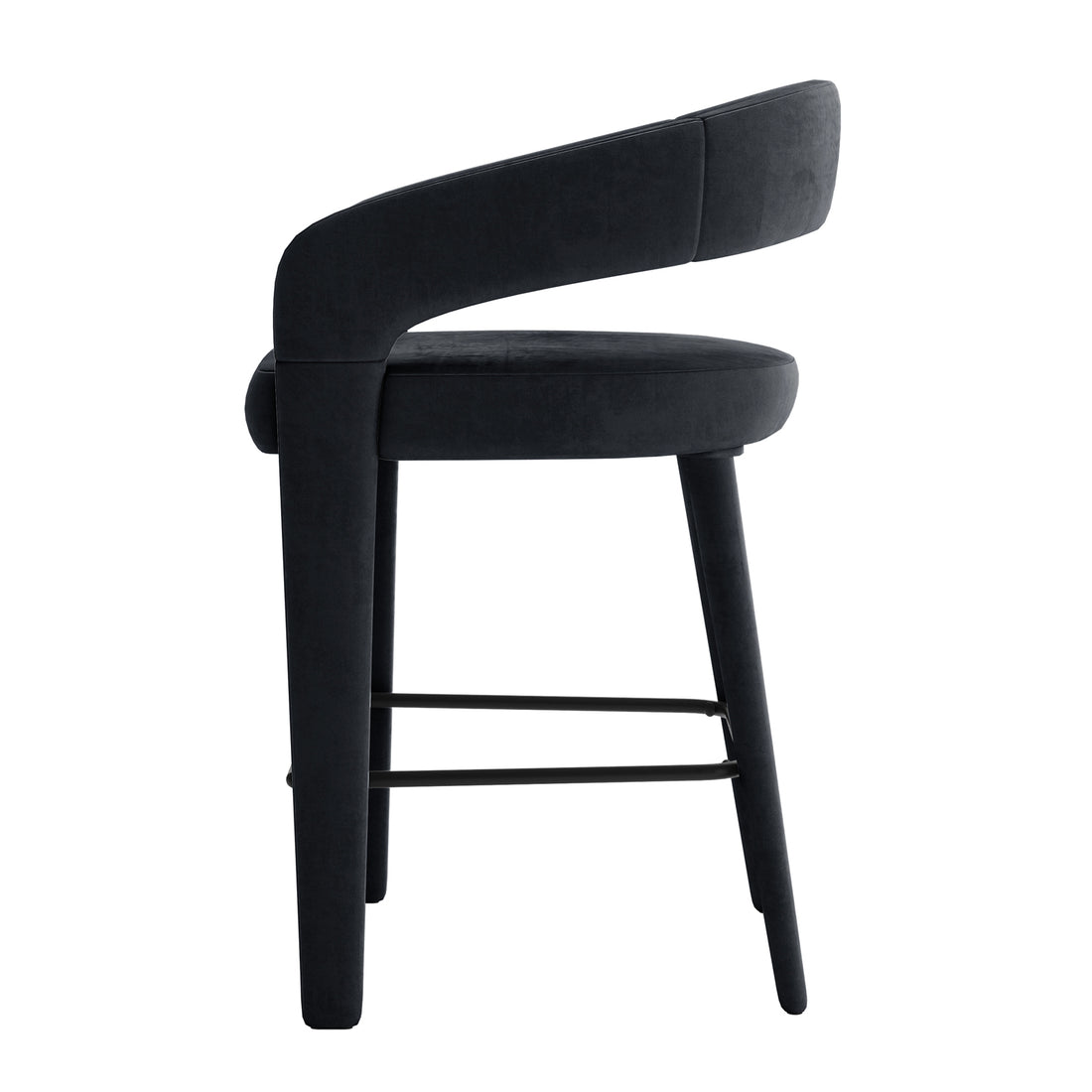 Eisha Velvet Bar Stool Black Set of 2, featuring a fully upholstered design with luxurious velvet and foam padding, curved back with armrests, and a built-in footrest, ideal for stylish dining or bar areas.
