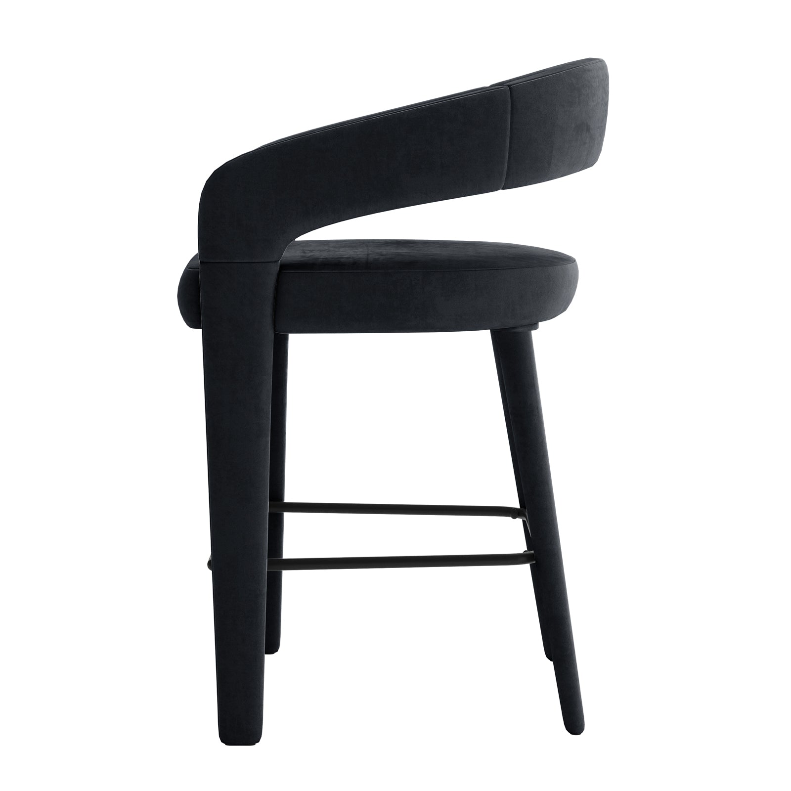 Eisha Velvet Bar Stool Black Set of 2, featuring a fully upholstered design with luxurious velvet and foam padding, curved back with armrests, and a built-in footrest, ideal for stylish dining or bar areas.