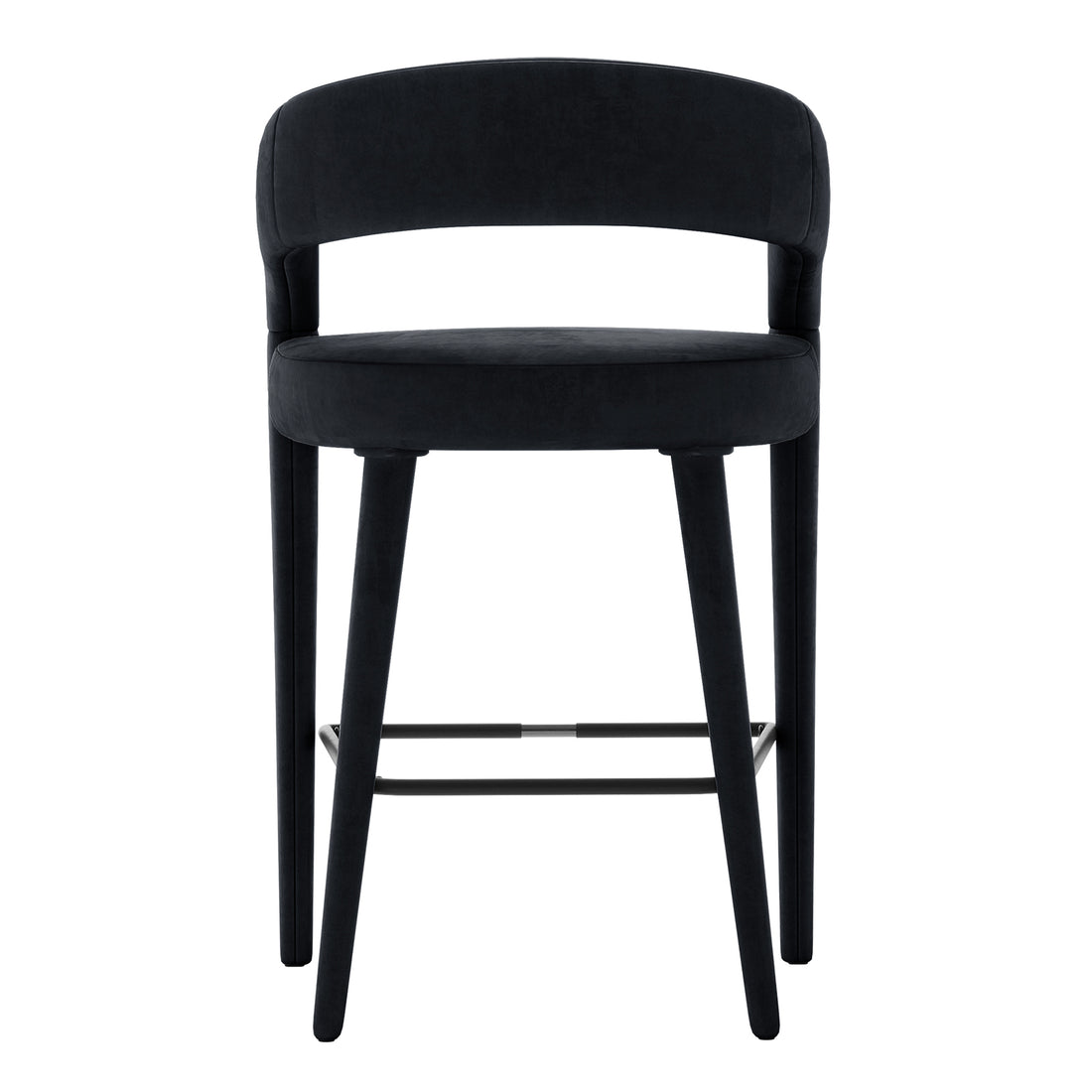 Eisha Velvet Bar Stool Black Set of 2: Close-up of elegant stools featuring soft velvet upholstery, curved back with armrests, and a built-in footrest, highlighting their luxurious comfort and modern design.