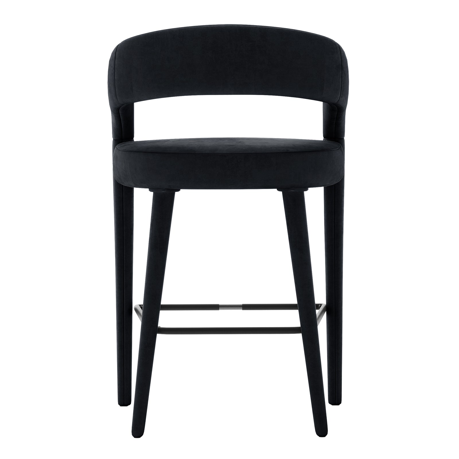 Eisha Velvet Bar Stool Black Set of 2: Close-up of elegant stools featuring soft velvet upholstery, curved back with armrests, and a built-in footrest, highlighting their luxurious comfort and modern design.