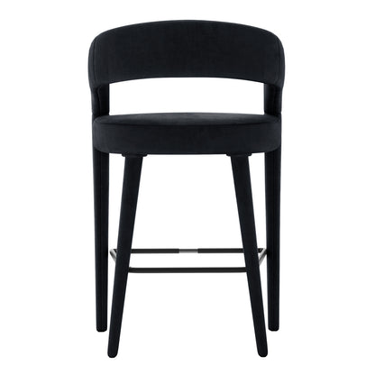 Eisha Velvet Bar Stool Black Set of 2: Close-up of elegant stools featuring soft velvet upholstery, curved back with armrests, and a built-in footrest, highlighting their luxurious comfort and modern design.