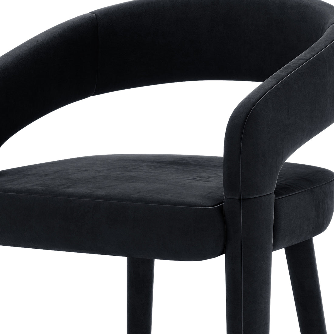 Eisha Velvet Bar Stool Black Set of 2 features luxurious velvet upholstery, a curved back with armrests, and a built-in footrest, offering stylish support and comfort.