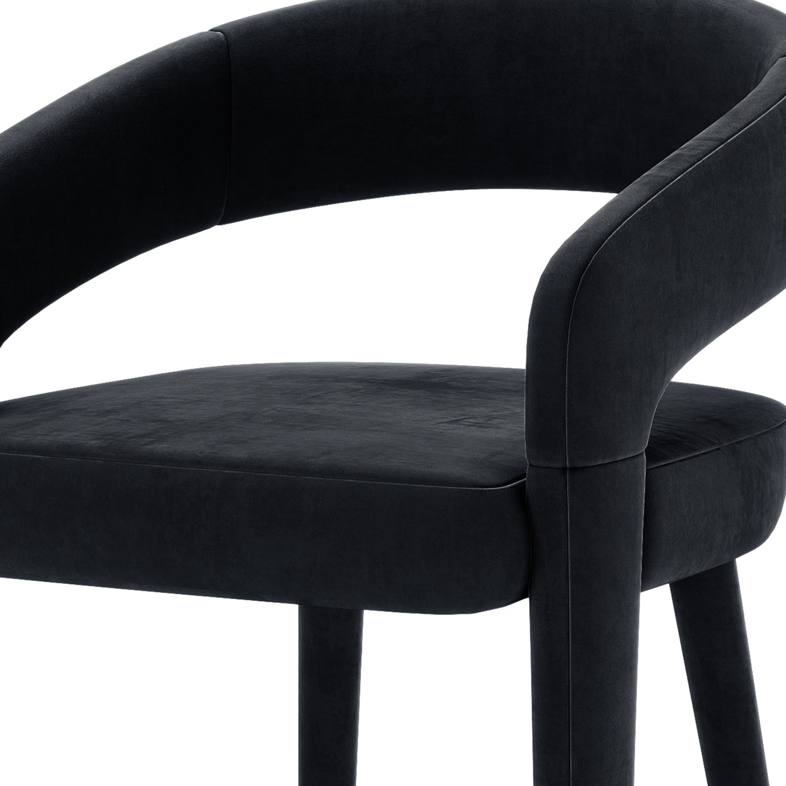 Eisha Velvet Bar Stool Black Set of 2 features luxurious velvet upholstery, a curved back with armrests, and a built-in footrest, offering stylish support and comfort.