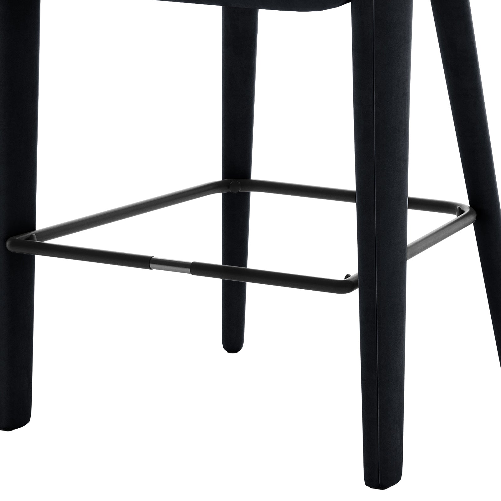 Eisha Velvet Bar Stool Black Set of 2, featuring a sleek rectangular design, luxurious velvet upholstery, curved back with armrests, and a sturdy metal frame with built-in footrest. Ideal for modern dining spaces.