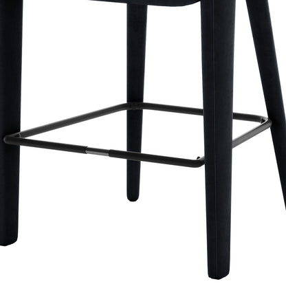 Eisha Velvet Bar Stool Black Set of 2, featuring a sleek rectangular design, luxurious velvet upholstery, curved back with armrests, and a sturdy metal frame with built-in footrest. Ideal for modern dining spaces.