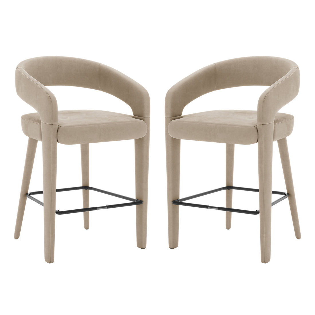 Eisha Velvet Bar Stool Warm Grey Set of 2 showcases a pair of stylish stools with black legs, curved backs, and armrests, perfect for modern bars or dining areas.