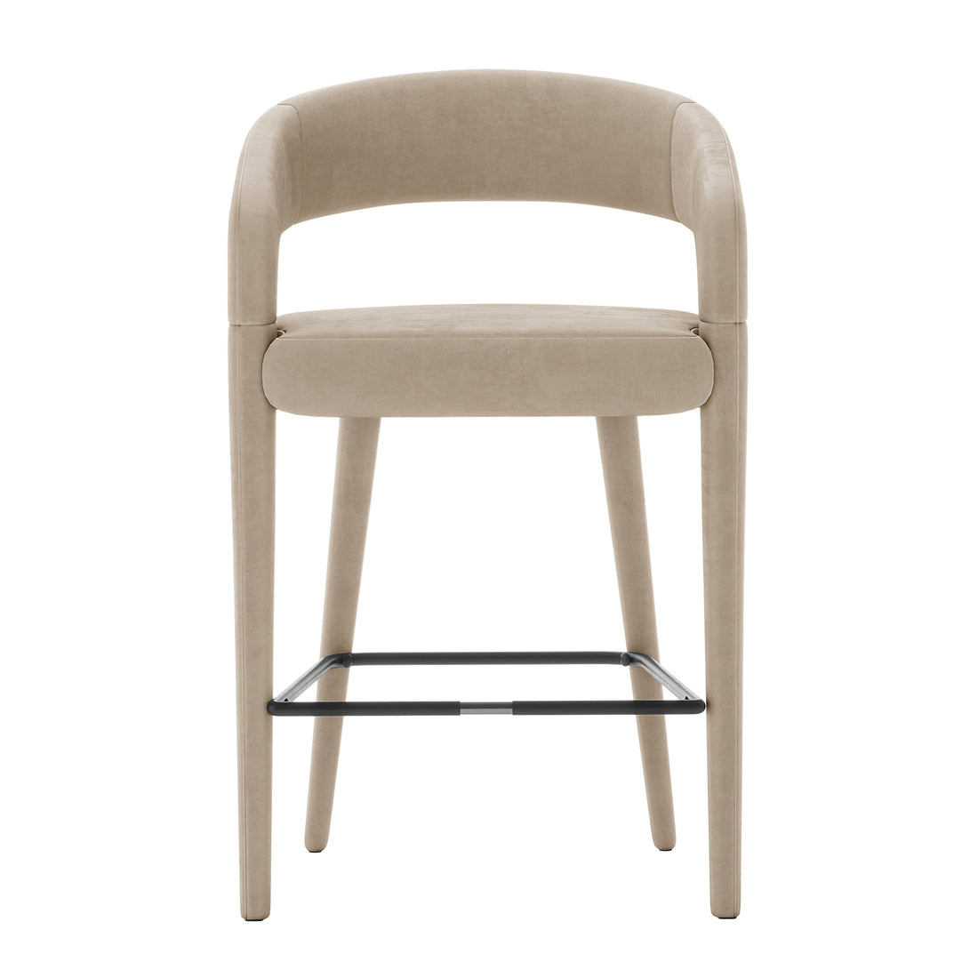 Eisha Velvet Bar Stool Warm Grey Set of 2 features a close-up view showing luxurious velvet upholstery, soft foam padding, and a sturdy metal frame with a curved back and armrests for stylish comfort.