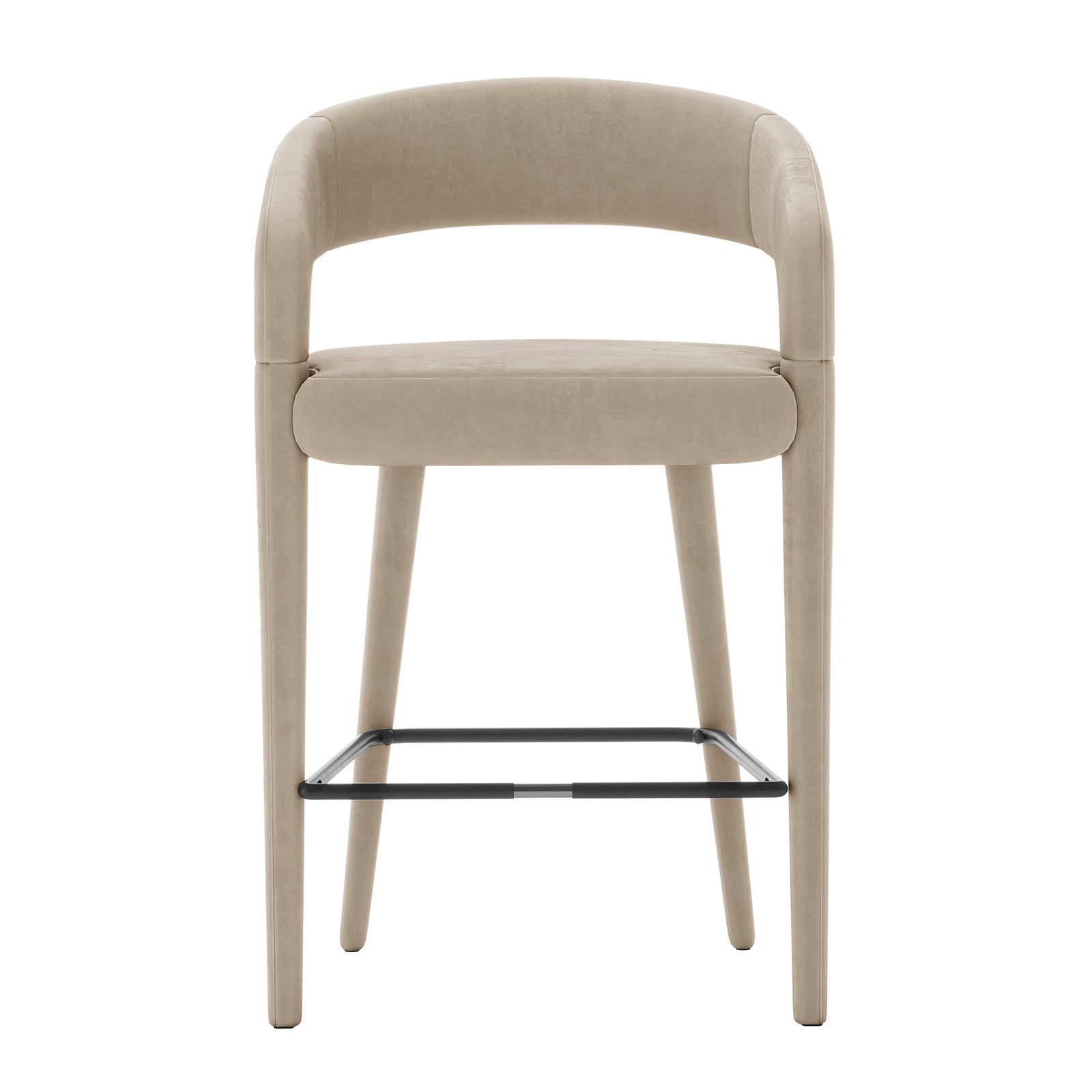 Eisha Velvet Bar Stool Warm Grey Set of 2 features a close-up view showing luxurious velvet upholstery, soft foam padding, and a sturdy metal frame with a curved back and armrests for stylish comfort.