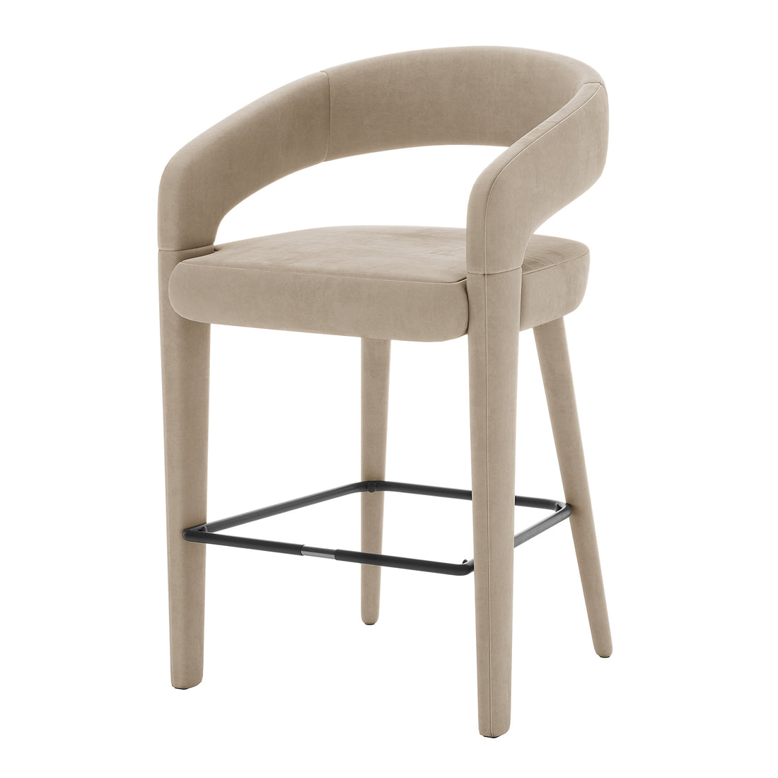 Eisha Velvet Bar Stool Warm Grey Set of 2 features a plush, fully upholstered velvet seat with curved back and armrests, sturdy metal frame, and built-in footrest, perfect for dining or bar areas.