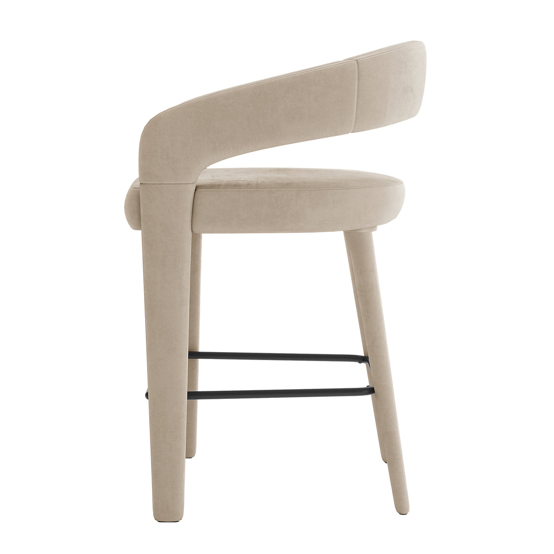 Eisha Velvet Bar Stool Warm Grey Set of 2, showcasing a white chair with black legs, features a luxurious curved back with armrests, padded velvet upholstery, and a sturdy metal frame with footrest.