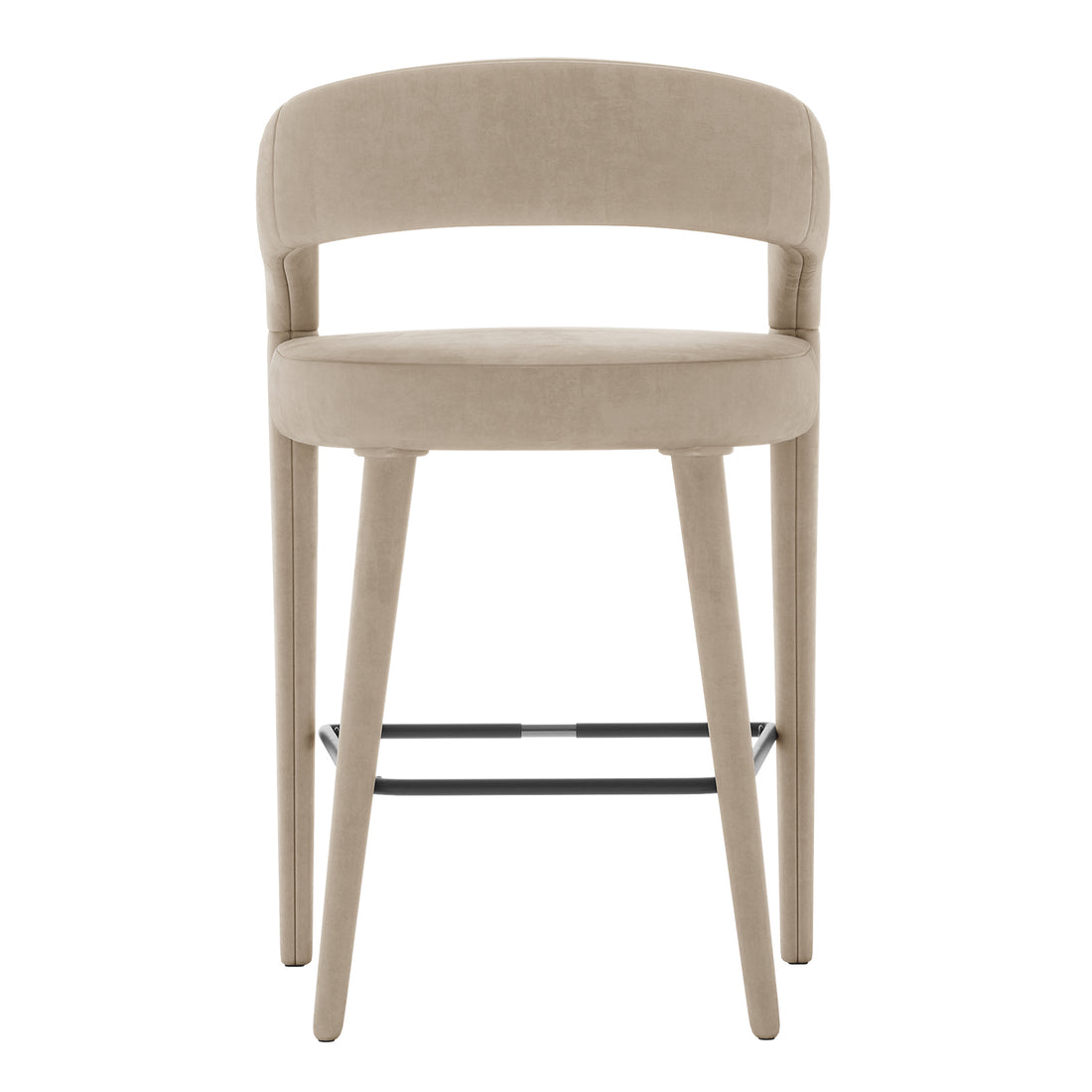 Eisha Velvet Bar Stool Warm Grey Set of 2 features a close-up of the plush velvet upholstery, showcasing the curved back with armrests and sturdy metal frame, highlighting its luxurious design.