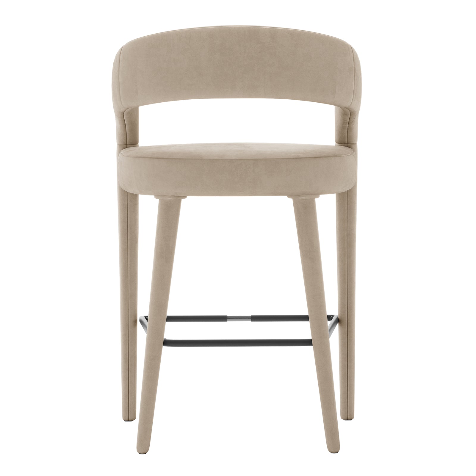 Eisha Velvet Bar Stool Warm Grey Set of 2 features a close-up of the plush velvet upholstery, showcasing the curved back with armrests and sturdy metal frame, highlighting its luxurious design.
