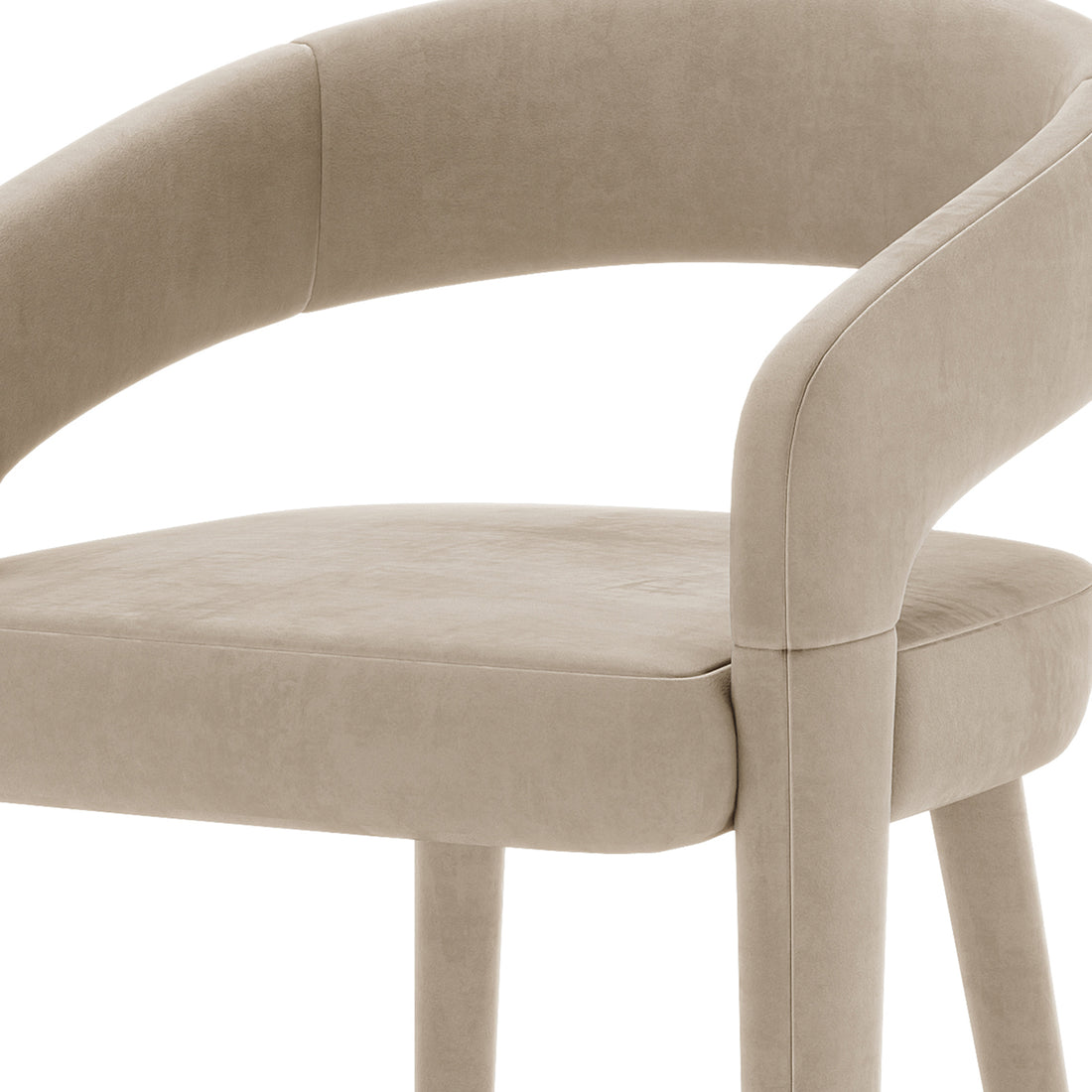 Eisha Velvet Bar Stool Warm Grey Set of 2 featuring luxurious velvet upholstery, curved back with armrests, and a sturdy metal frame. Close-up highlights the plush texture and elegant design details.