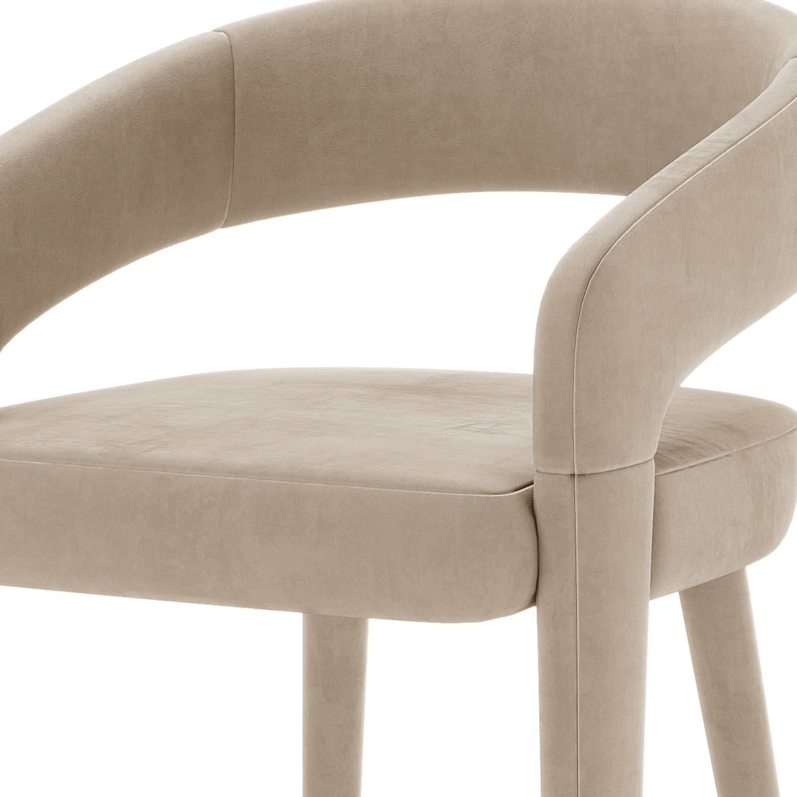 Eisha Velvet Bar Stool Warm Grey Set of 2 featuring luxurious velvet upholstery, curved back with armrests, and a sturdy metal frame. Close-up highlights the plush texture and elegant design details.