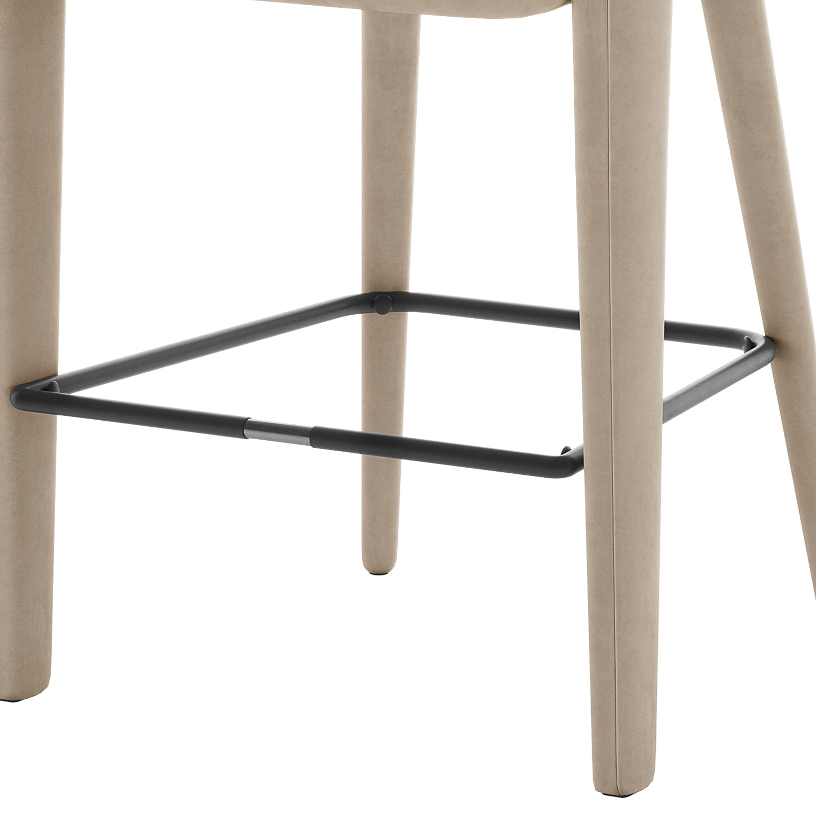 Eisha Velvet Bar Stool Warm Grey Set of 2, featuring a luxurious velvet finish, curved back with armrests, and built-in footrest, ideal for enhancing your dining or bar area with style and comfort.