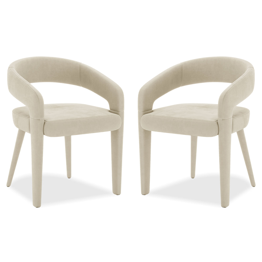 Eisha Velvet Bar Stool Set of 2, featuring white chairs with plush cushions, wooden legs, and armrests, emphasizing modern design and comfort for stylish dining or bar areas.