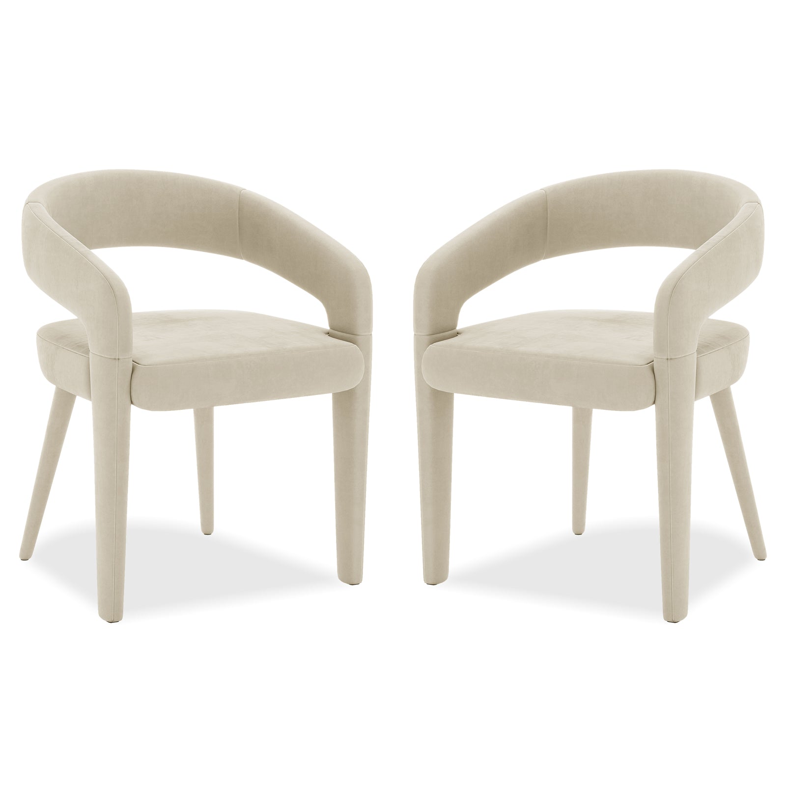 Eisha Velvet Bar Stool Set of 2, featuring white chairs with plush cushions, wooden legs, and armrests, emphasizing modern design and comfort for stylish dining or bar areas.
