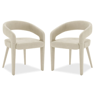 Eisha Velvet Bar Stool Set of 2, featuring white chairs with plush cushions, wooden legs, and armrests, emphasizing modern design and comfort for stylish dining or bar areas.