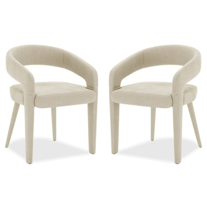 Eisha Velvet Bar Stool Set of 2, featuring white chairs with plush cushions, wooden legs, and armrests, emphasizing modern design and comfort for stylish dining or bar areas.