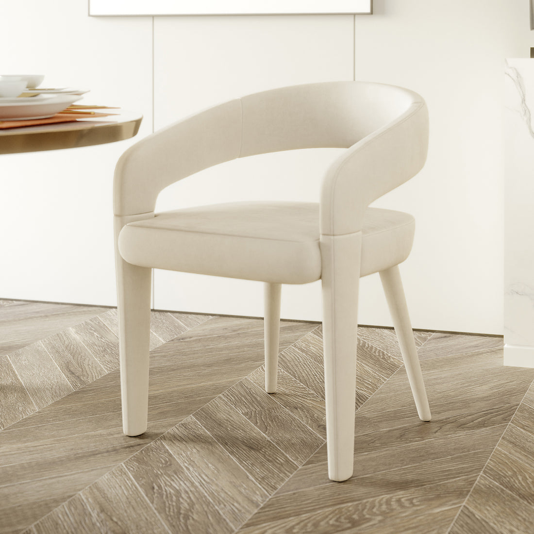 Eisha Velvet Bar Stool Set of 2, featuring plush velvet upholstery, curved backrests, built-in footrest, and sturdy metal frame, on a wood floor, highlighting ergonomic design and modern style.