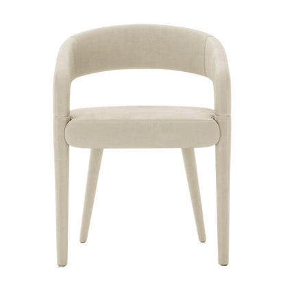 Eisha Velvet Bar Stool Set of 2 features white chairs with elegant wooden legs, showcasing a sleek design with a curved backrest and plush velvet upholstery for stylish dining areas.
