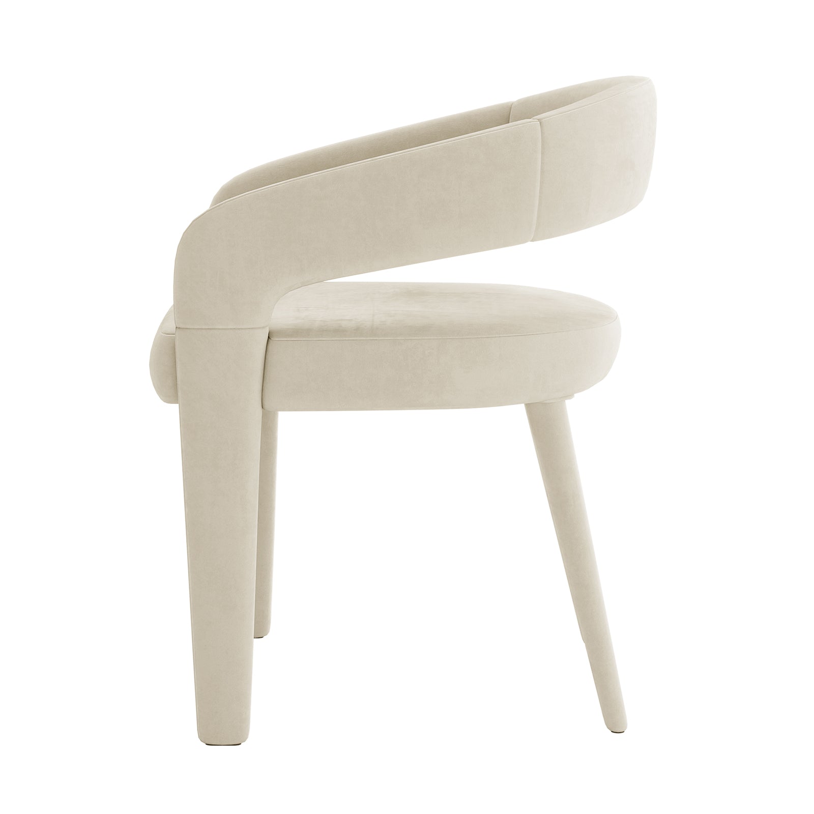 Eisha Velvet Dining Chair Set of 2 features a close-up of a white chair with wooden legs, showcasing its plush velvet upholstery, curved backrest, and ergonomic armrests for stylish, comfortable seating.