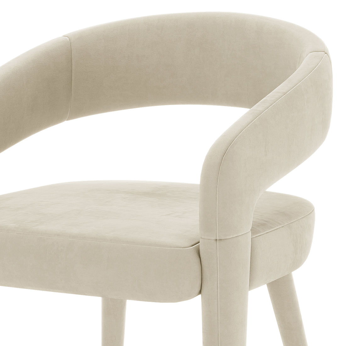 Eisha Velvet Bar Stool Set of 2 features a close-up of plush velvet upholstery, curved backrest, and armrests, illustrating premium comfort and sturdy metal frame, ideal for modern dining spaces.