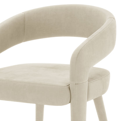 Eisha Velvet Bar Stool Set of 2 features a close-up of plush velvet upholstery, curved backrest, and armrests, illustrating premium comfort and sturdy metal frame, ideal for modern dining spaces.