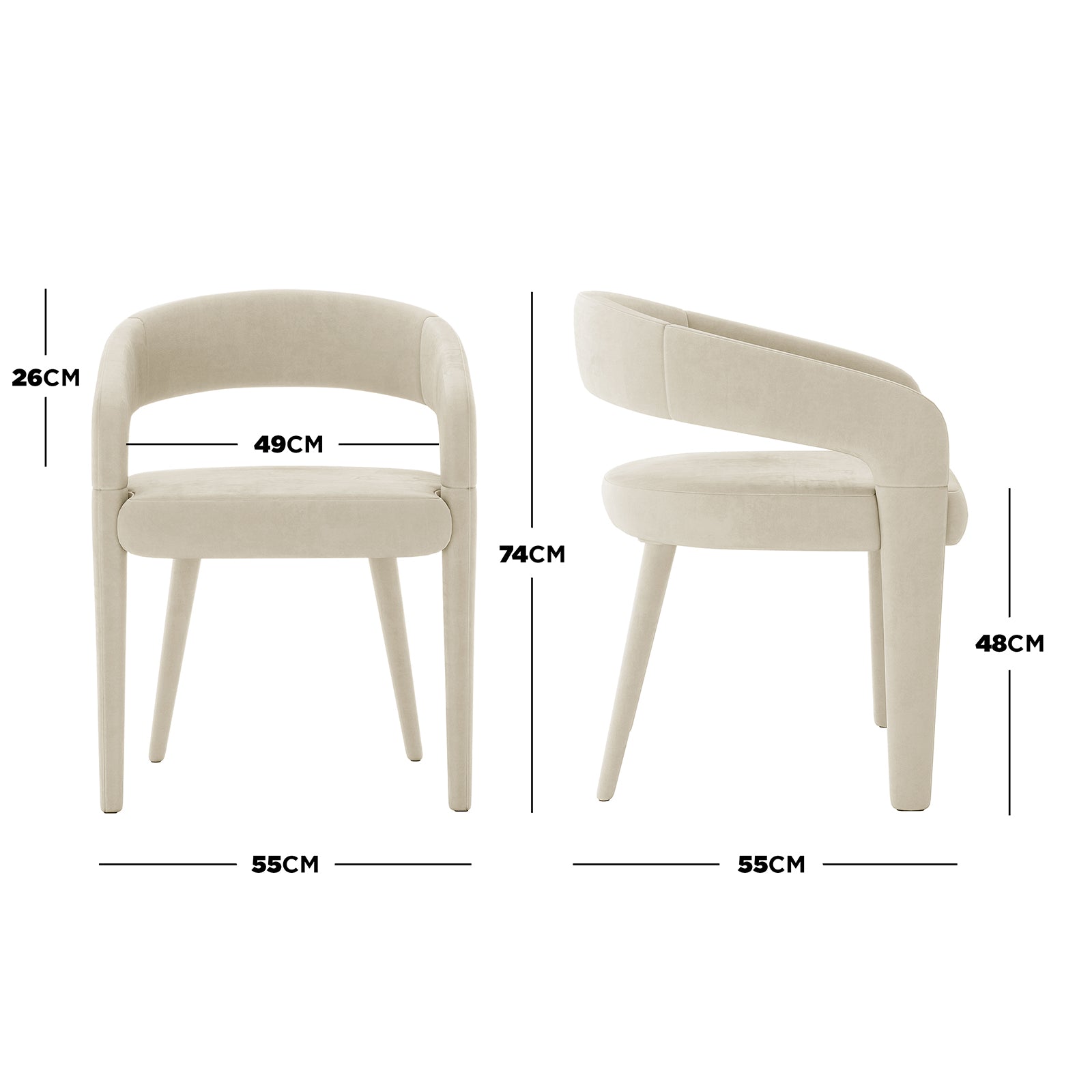 Eisha Velvet Bar Stool Set of 2 showcases a side and back view of the chairs, emphasizing their plush velvet fabric, curved backrest, and sturdy metal frame with built-in footrests for ergonomic comfort.