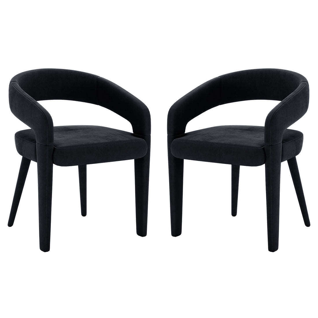Eisha Velvet Dining Chair Black Set of 2 features sleek black velvet upholstery, curved backrests, and sturdy wooden legs, offering modern elegance and comfort for dining spaces.