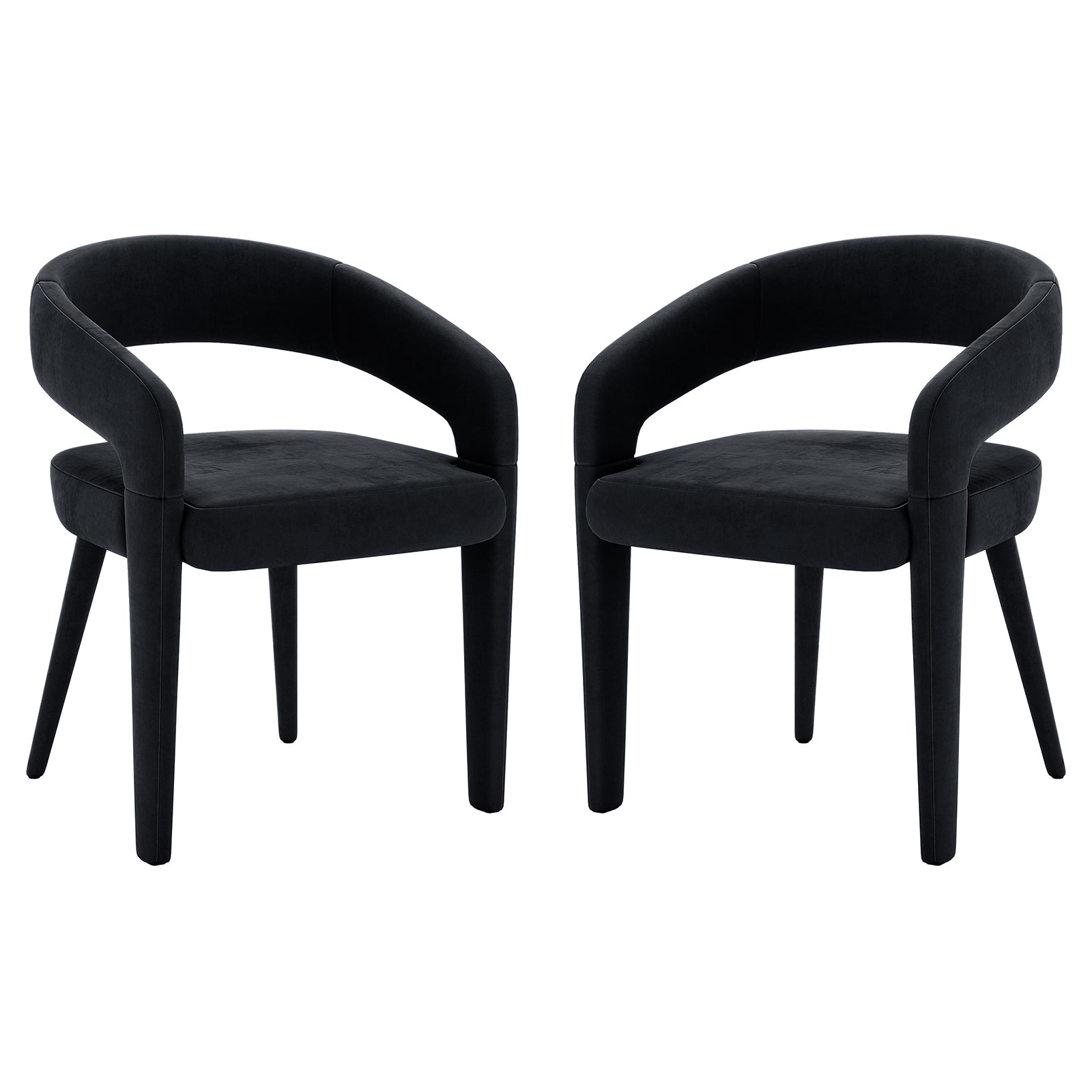 Eisha Velvet Dining Chair Black Set of 2 features sleek black velvet upholstery, curved backrests, and sturdy wooden legs, offering modern elegance and comfort for dining spaces.